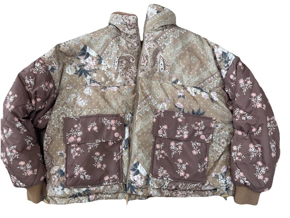 American Eagle Women's Floral Boho Sherpa Lined Oversized Reversible Jacket M